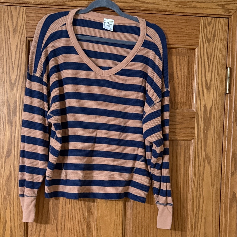 Aerie Navy and Tan Striped v-neck waffleweave Top